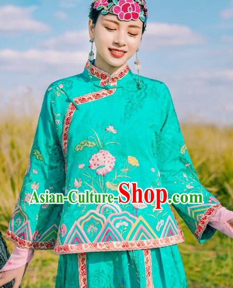 Chinese Traditional Woman Outer Garment Costume Tang Suit Embroidered Green Jacket