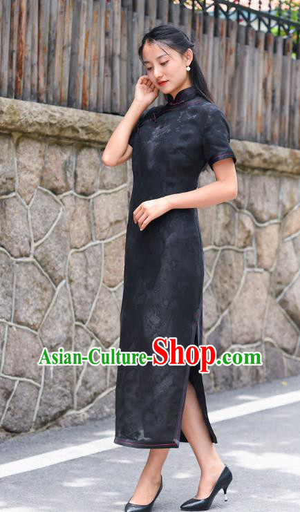 Chinese Traditional Qipao Dress Costume National Young Lady Black Silk Cheongsam