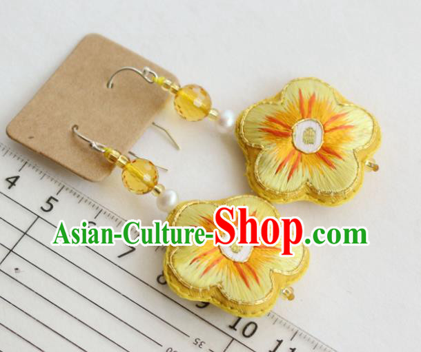 China Classical Ear Jewelry Handmade National Cheongsam Embroidered Yellow Plum Earrings