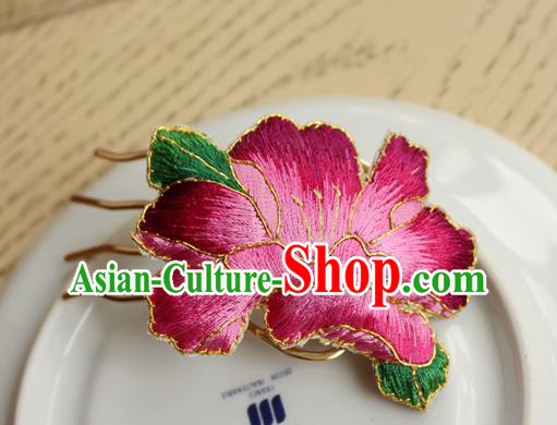 China Handmade Classical Cheongsam Hairpin National Embroidered Rosy Peony Hair Comb