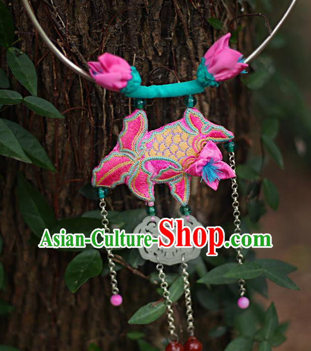 Chinese National Embroidered Pink Goldfish Necklace Miao Ethnic Jade Necklet Pendant