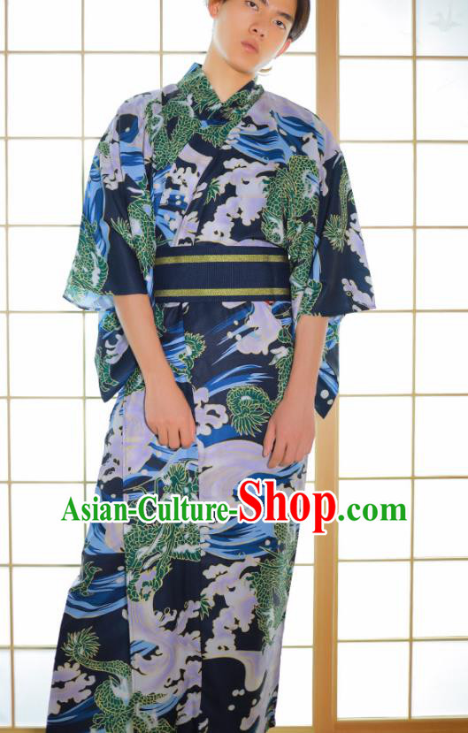 Asian Japan Traditional Printing Waves Navy Yukata Robe Japanese Male Clothing