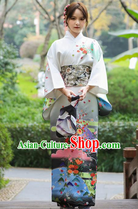 Asian Japan Printing Chrysanthemum Homongi Kimono Japanese Traditional Yukata Dress Costume