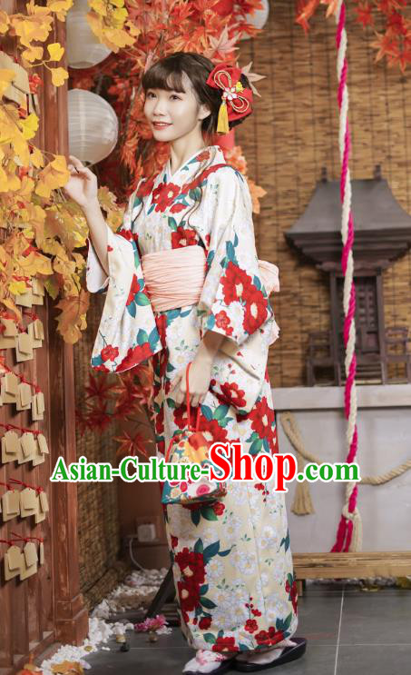 Japanese Traditional Yukata Costumes Asian Japan Printing Red Camellia Kimono Dress