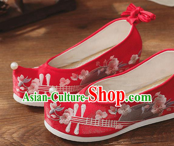 China Handmade Bride Red Bow Shoes Wedding Shoes Embroidered Lute Shoes