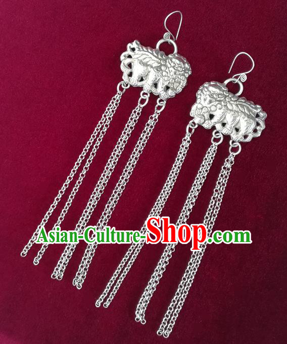 China National Ethnic Silver Lion Tassel Earrings Traditional Cheongsam Ear Jewelry