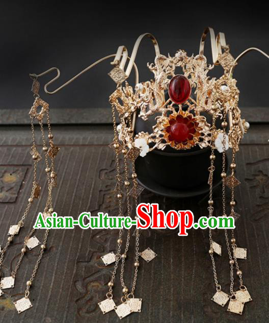 China Ancient Princess Golden Tassel Hair Crown Traditional Wedding Hanfu Headdress