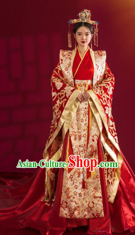 China Traditional Tang Dynasty Wedding Costumes Ancient Empress Red Embroidered Dress