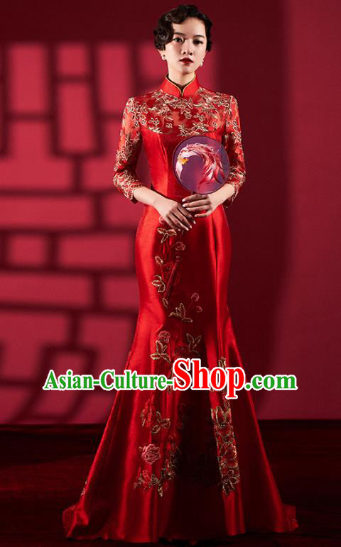 Chinese Bride Embroidered Red Qipao Dress Clothing Traditional Wedding Fishtail Cheongsam