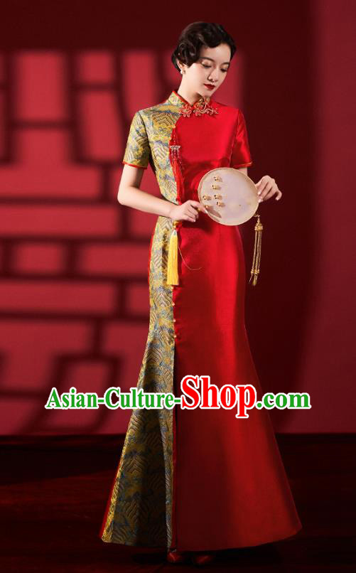 Chinese Traditional Wedding Fishtail Cheongsam Bride Red Brocade Qipao Dress Clothing