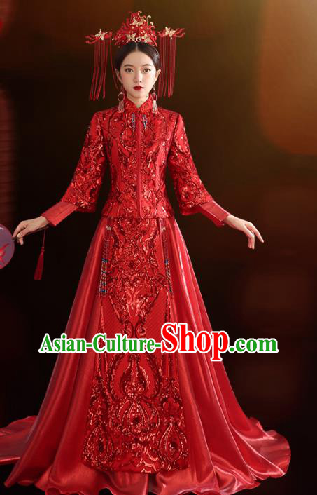 China Traditional Wedding Red Xiuhe Suit Costumes Bride Toast Embroidered Dress