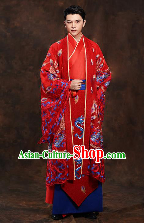 Chinese Traditional Han Dynasty Wedding Costumes Ancient Scholar Bridegroom Red Clothing