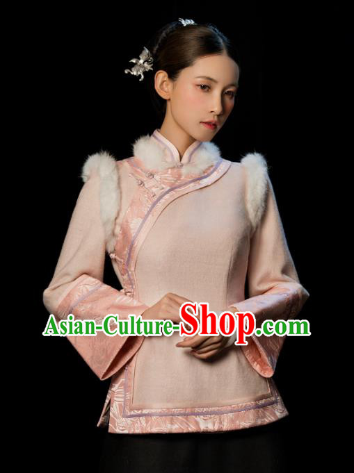 Chinese National Woman Outer Garment Clothing Tang Suit Pink Woolen Jacket