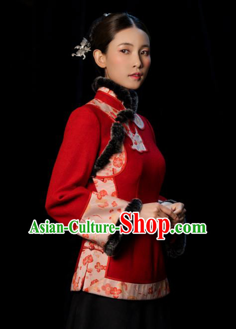 Chinese Tang Suit Red Woolen Jacket National Woman Outer Garment Clothing