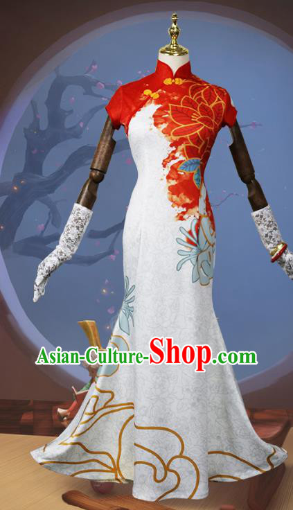 China Cosplay Game Young Beauty Clothing Traditional White Qipao Dress Garment