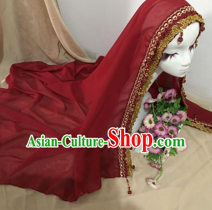 Chinese Ethnic Bride Wine Red Veil Traditional Hui Nationality Wedding Headdress