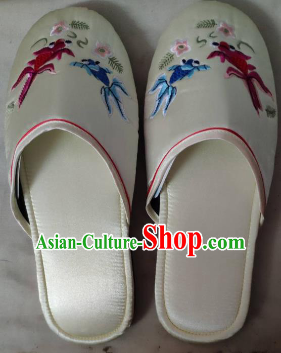 Chinese Wedding Bride Shoes Handmade White Satin Shoes Embroidery Goldfish Slippers