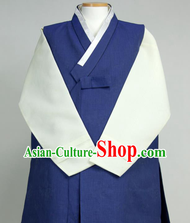 Korea Classical Wedding Bridegroom Clothing Young Male Hanbok Blue Long Vest Beige Shirt and Grey Pants Korean Traditional Costumes