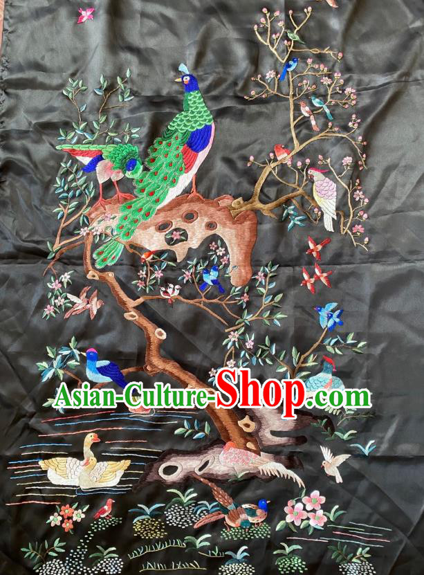 Chinese Traditional Embroidered Peacock Black Silk Cloth Hand Embroidery Applique Craft