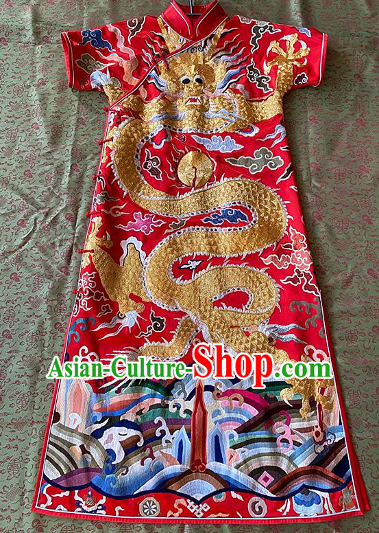 China Traditional Red Silk Cheongsam National Embroidered Dragon Qipao Dress Clothing