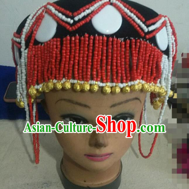 Handmade Chinese Lisu Nationality Headdress Yunnan Ethnic Woman Red Beads Hat