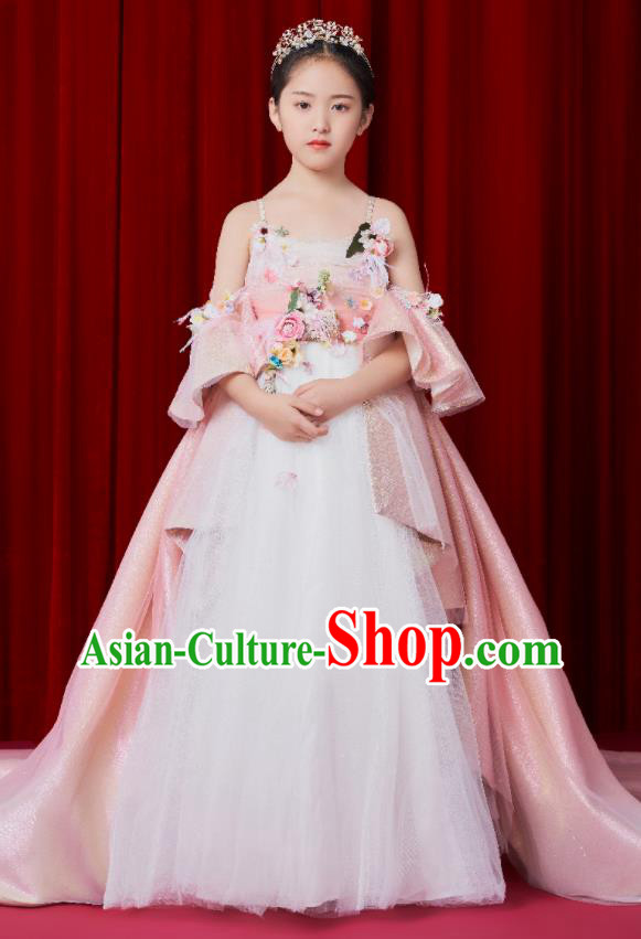 Custom Catwalks Pink Trailing Full Dress Children Dancewear Girl Chorus Compere Fashion Clothing Stage Show Dress