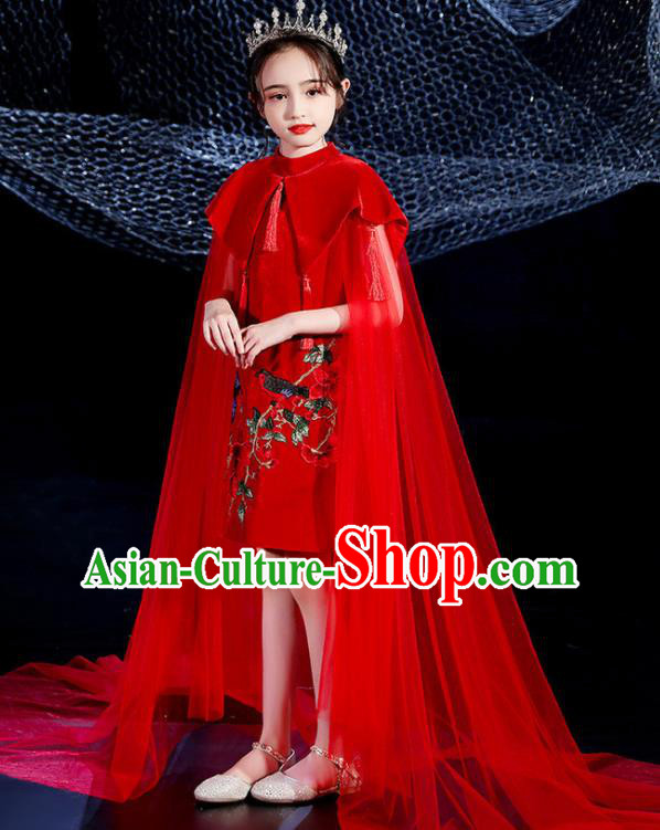 China Girl Catwalks Clothing Stage Performance Garment Costume Children Dance Wear Embroidered Red Dress