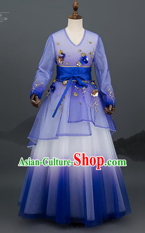 Custom Girl Catwalks Full Dress Children Day Performance Fashion Garment Baby Princess Clothing Stage Show Blue Dress