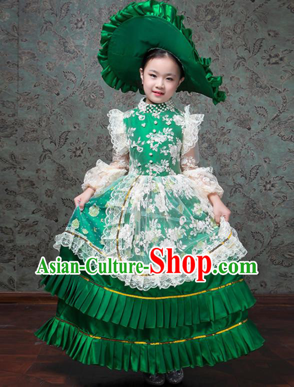 Custom Kid Birthday Fashion Children Day Performance Green Dress Europe Palace Clothing Girl Princess Full Dress