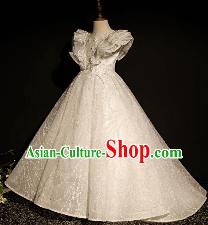 Professional Children Compere Formal Costume Girl Princess Stage Show Fashion Clothing Catwalks White Evening Dress