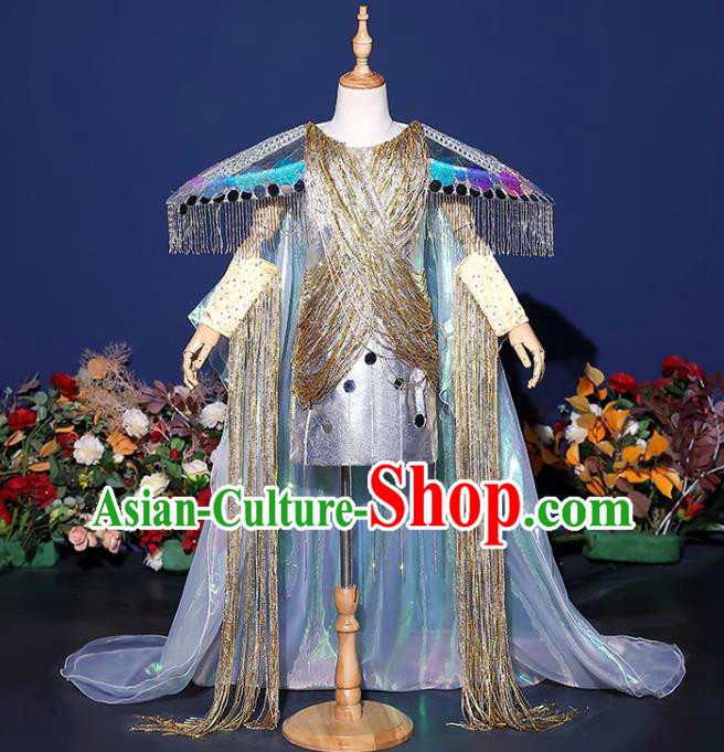 Children Fashion Catwalks Blue Dress Girls Modern Fancywork Garment Costume Modern Show Golden Tassel Clothing