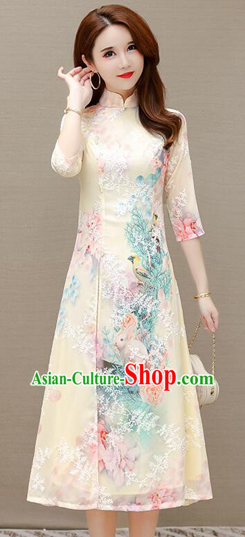 Chinese Embroidered Dress Aodai Qipao Traditional Apricot Cheongsam