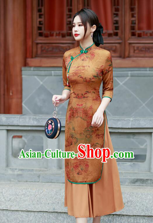 Chinese Aodai Qipao Traditional Gambiered Guangdong Gauze Cheongsam Middle Sleeve Dress