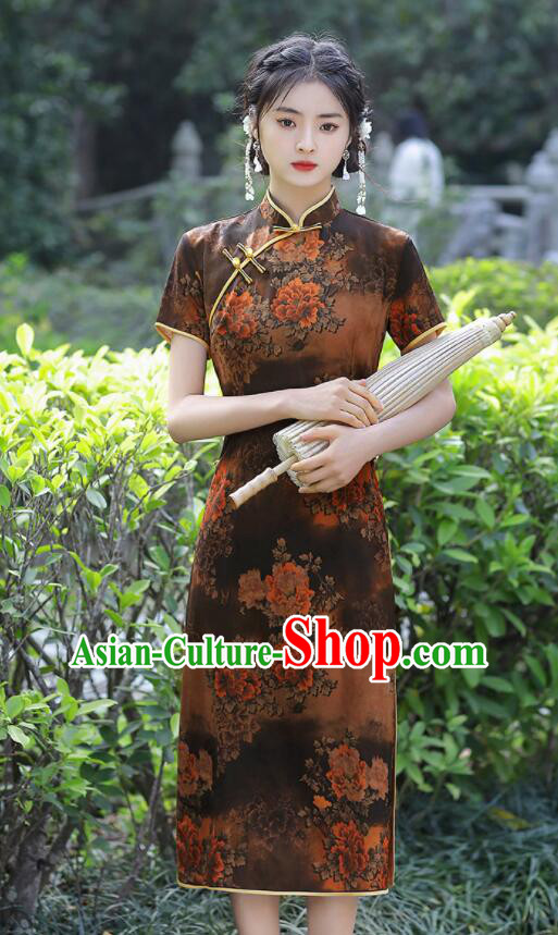 Chinese Aodai Qipao Traditional Brown Dress Classical Gambiered Guangdong Gauze Cheongsam