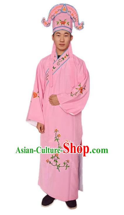 Chinese Beijing Opera Clothing Ancient Scholar Pink Robe and Headwear