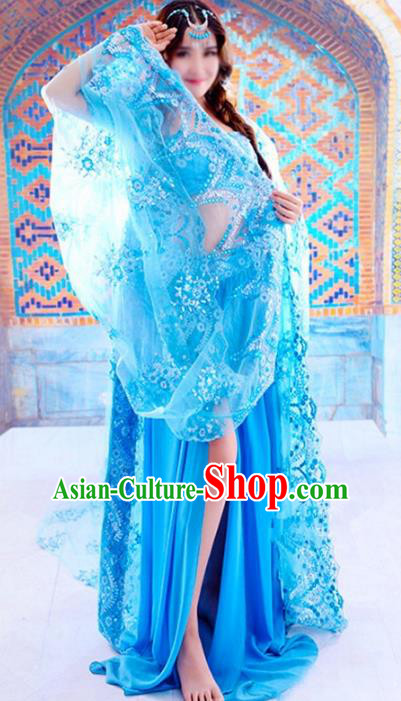 Chinese Ancient Dance Lady Blue Dress Costume Western Regions Beauty Clothing