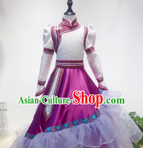 Chinese Mongolian Girl Performance Magenta Dress Ethnic Children Clothing Mongol Nationality Folk Dance Costume