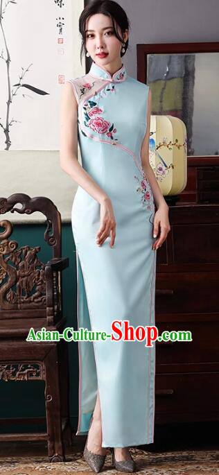 Chinese Traditional Dress Light Blue Sleeveless Cheongsam Embroidered Peony Long Qipao