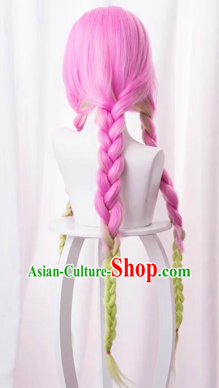 Demon Slayer Kimetsu No Yaiba Kanroji Mi Glass Pink Purple Gradient Green Three Twist Braids Cos Wig