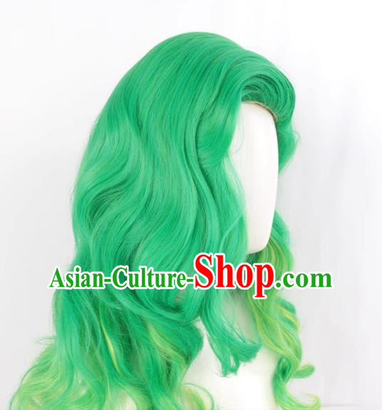 European And American Front Flip Up Style Women Whole Wig Green Gradient Yellow Large Wavy Medium Long Curly Hair