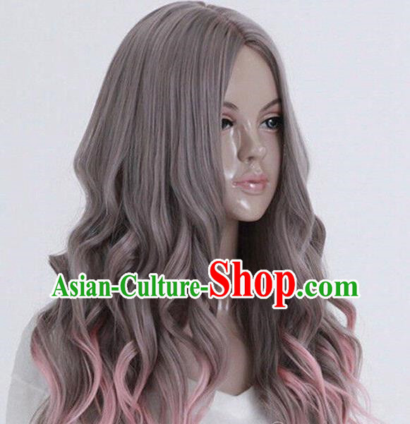 European And American Long Curly Hair Corn Perm Gray Gradient Pink Middle Parted Scalp Ladies Prom Lolita Wig