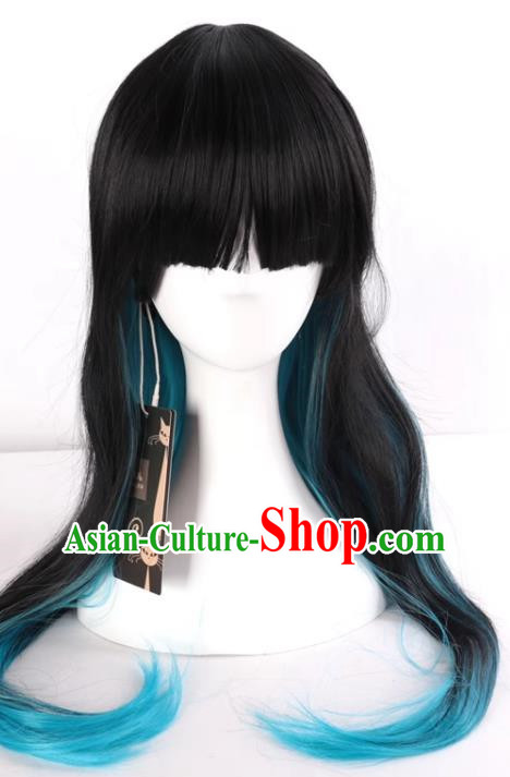 Harajuku Long Straight Hair Black Mixed Blue Gradient Fake Hair Cosplay Rose Net Full Wig