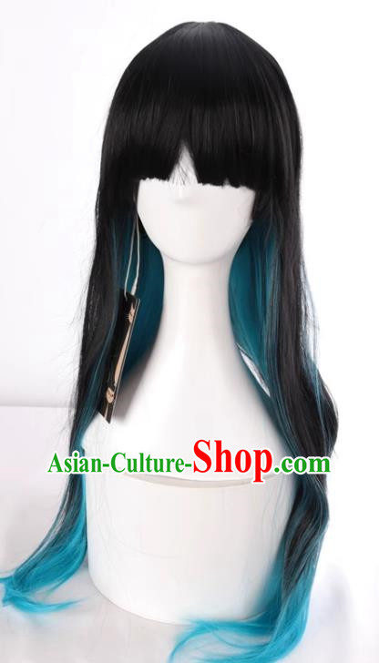 Harajuku Long Straight Hair Black Mixed Blue Gradient Fake Hair Cosplay Rose Net Full Wig