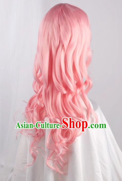 High Temperature Silk Rose Mesh Water Pink Oblique Bangs Big Wavy Long Curly Hair Cos Wig