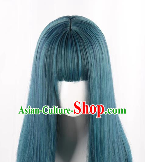 Wig For Women With Medium Long Straight Hair Fashionable Mixed Blue Clavicle Hair Full Headband Inner Buckle At The End Trendy Short Straight Hair