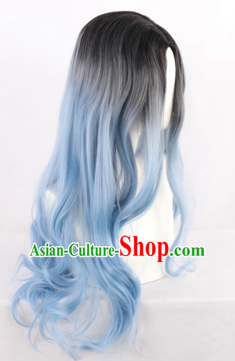 Black Gradient Ice Blue Middle Parted Women Fashion Long Curly Hair High Temperature Silk Prom Performance Full Wig