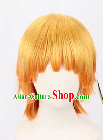 Demon Slayer Cos My Wife Zenitsu Yellow Gradient Orange Curled Short Hair Cosplay Wig