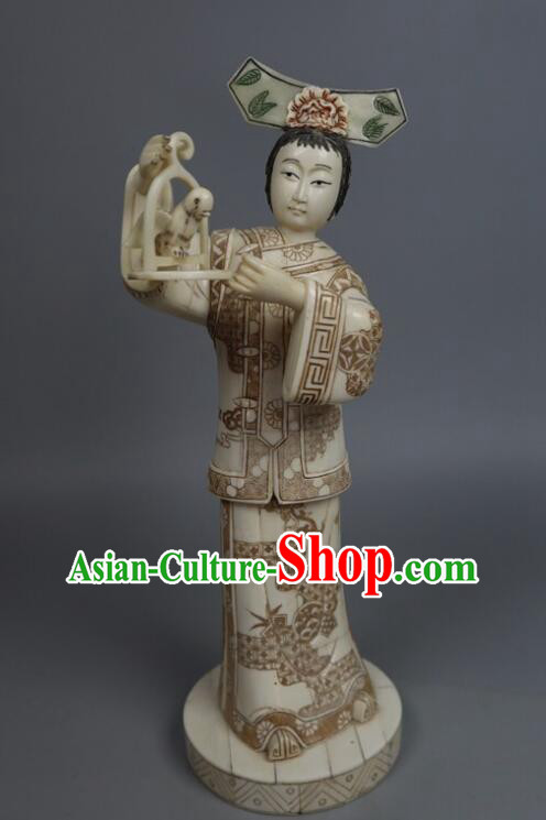 Chinese Handmade Ox Bone Handicraft Sculpture Qing Dynasty Palace Lady Statue