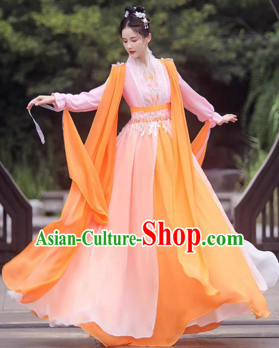 China Ancient Goddess Hanfu Classical Dance Clothing Orange Fairy Dress