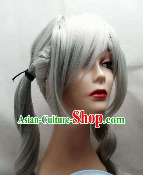 Cosplay Fake Hair COS Fire Emblem Rufray Silver Middle Parted Scalp Braid Ponytail Female Custom Wig